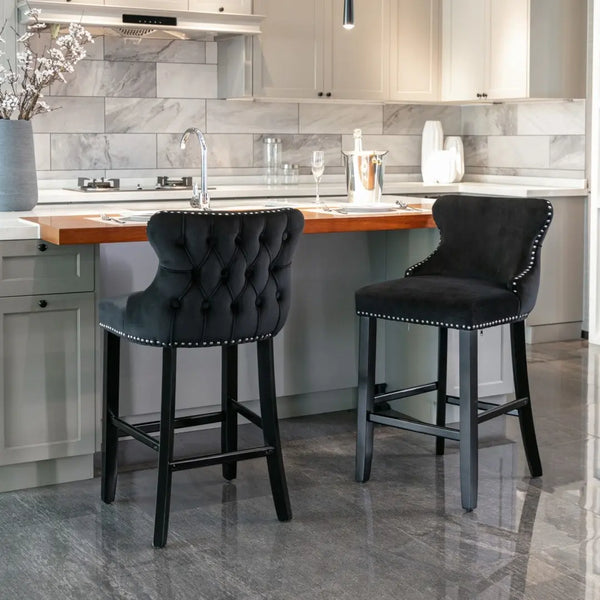 2x Velvet Upholstered Button Tufted Bar Stools with Wood Legs and Studs-Black Deals499