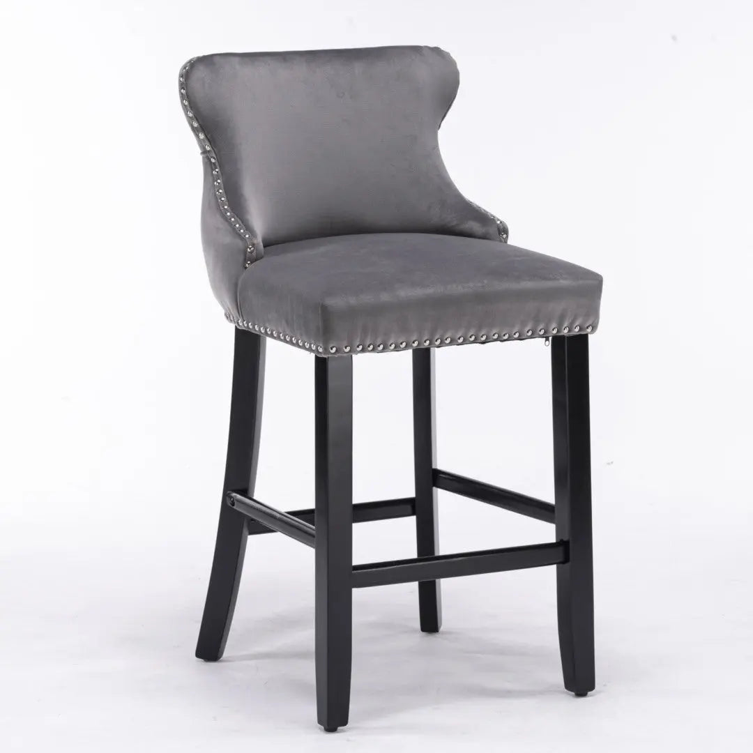 2x Velvet Upholstered Button Tufted Bar Stools with Wood Legs and Studs-Grey Deals499