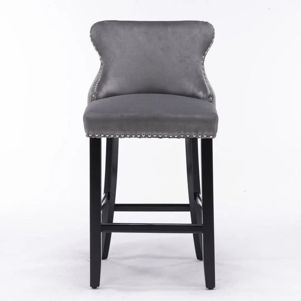 2x Velvet Upholstered Button Tufted Bar Stools with Wood Legs and Studs-Grey Deals499