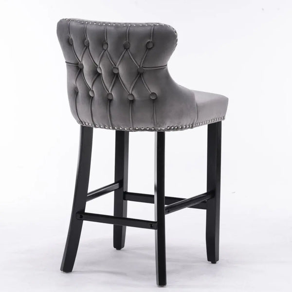 2x Velvet Upholstered Button Tufted Bar Stools with Wood Legs and Studs-Grey Deals499