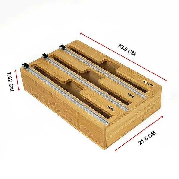 3 Grids Bamboo Food Wrap Dispenser Cutter Foil Cling Film Storage Holder Box Kitchen Deals499