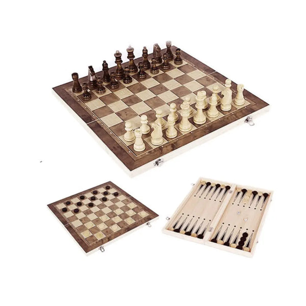 3 IN 1 Wooden Chess Set Folding Chessboard Wood Pieces Draughts Backgammon Toy Deals499