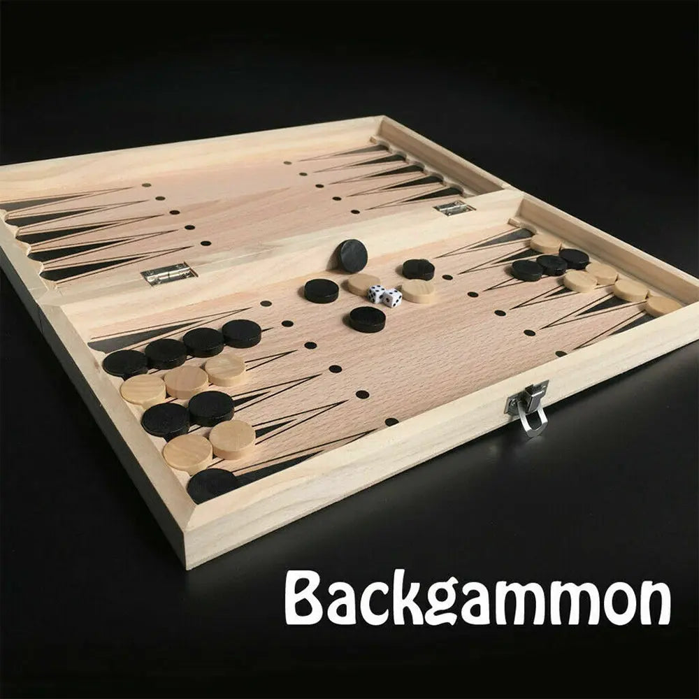 3 IN 1 Wooden Chess Set Folding Chessboard Wood Pieces Draughts Backgammon Toy Deals499