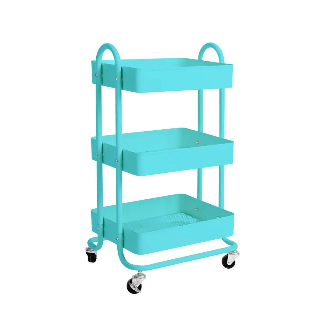 3 Tiers Kitchen Trolley Cart Steel Storage Rack Shelf Organiser Wheels Blue Deals499