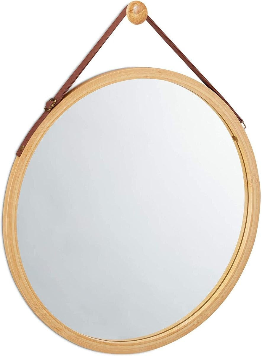 CARLA HOME Hanging Round Wall Mirror 38 cm - Solid Bamboo Frame and Adjustable Leather Strap for Bathroom and Bedroom Deals499