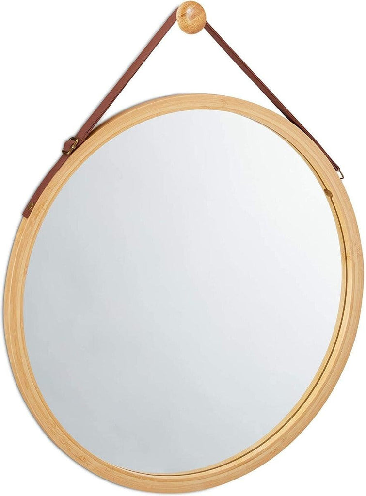 CARLA HOME Hanging Round Wall Mirror 45 cm - Solid Bamboo Frame and Adjustable Leather Strap for Bathroom and Bedroom Deals499