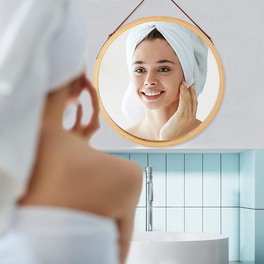 CARLA HOME Hanging Round Wall Mirror 45 cm - Solid Bamboo Frame and Adjustable Leather Strap for Bathroom and Bedroom Deals499