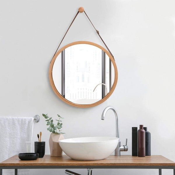 CARLA HOME Hanging Round Wall Mirror 45 cm - Solid Bamboo Frame and Adjustable Leather Strap for Bathroom and Bedroom Deals499
