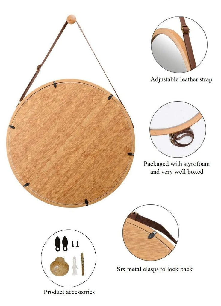 CARLA HOME Hanging Round Wall Mirror 45 cm - Solid Bamboo Frame and Adjustable Leather Strap for Bathroom and Bedroom Deals499