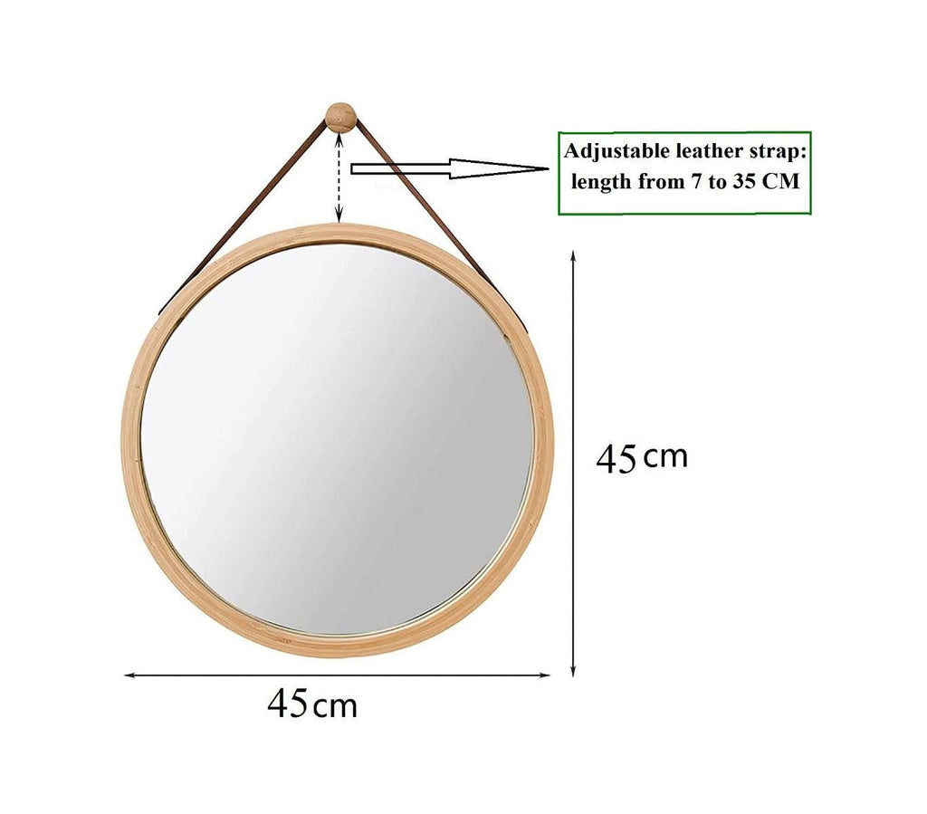 CARLA HOME Hanging Round Wall Mirror 45 cm - Solid Bamboo Frame and Adjustable Leather Strap for Bathroom and Bedroom Deals499