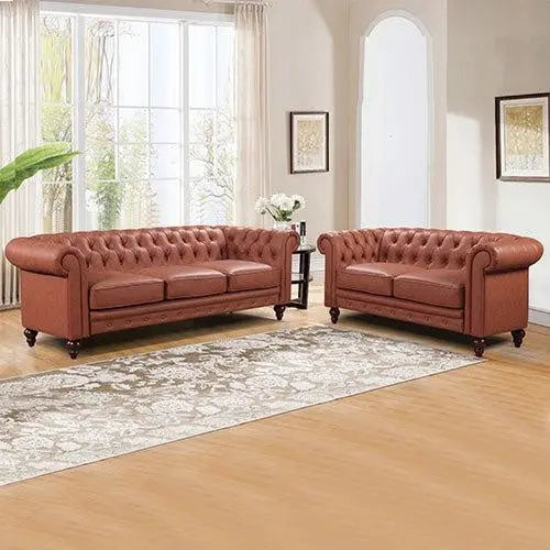 3+2 Seater Brown Sofa Lounge Chesterfireld Style Button Tufted in Faux Leather Deals499