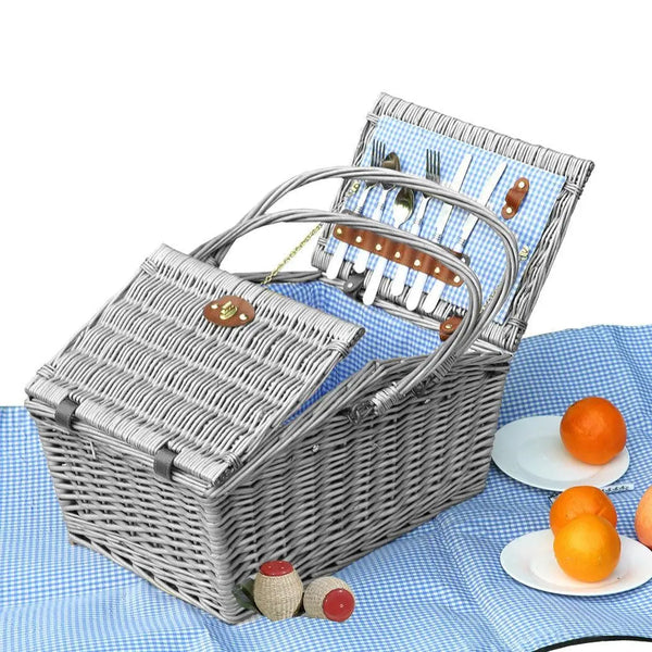 4 Person Picnic Basket Baskets Set Outdoor Blanket Wicker Deluxe Folding Handle Deals499