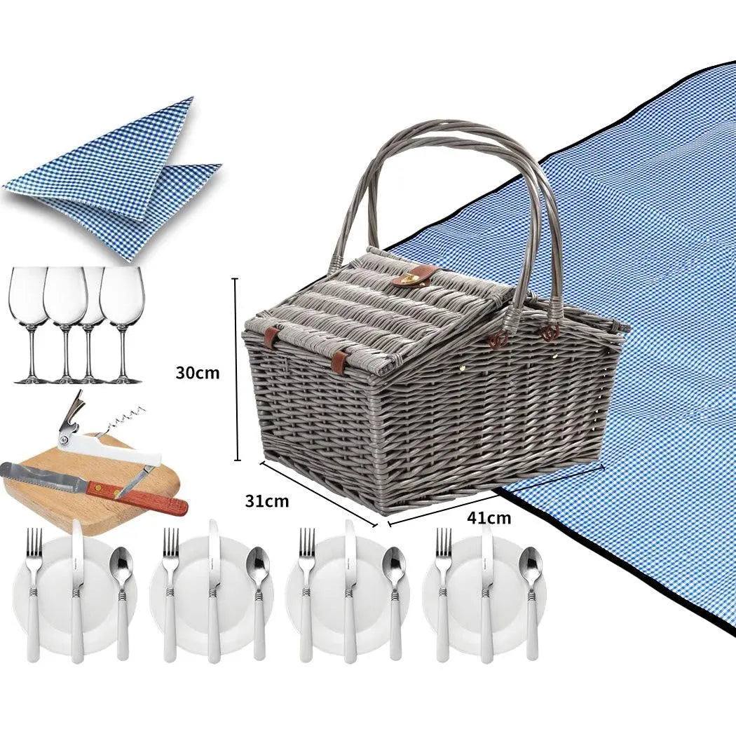 4 Person Picnic Basket Baskets Set Outdoor Blanket Wicker Deluxe Folding Handle Deals499