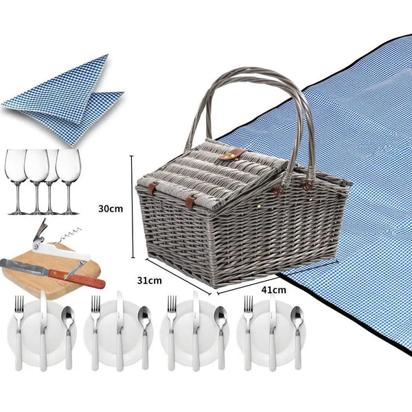 4 Person Picnic Basket Baskets Set Outdoor Blanket Wicker Deluxe Folding Handle Deals499