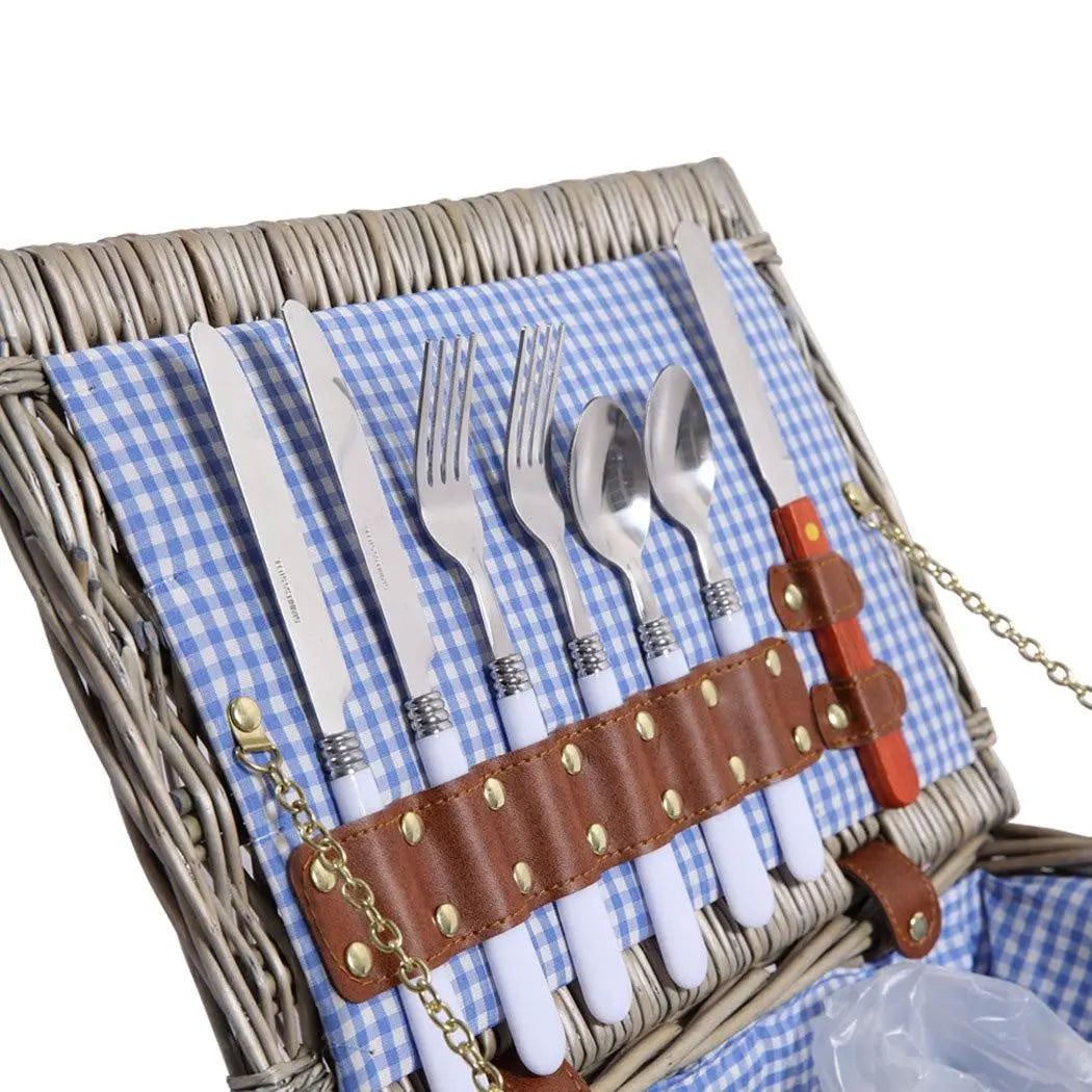 4 Person Picnic Basket Baskets Set Outdoor Blanket Wicker Deluxe Folding Handle Deals499