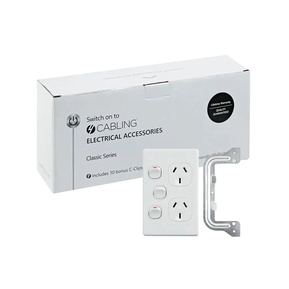 4C | Classic Double Power Point 250V 10A with 16AX Extra Switch - Vertical - 10 Pack with 10 FREE C-Clips Deals499