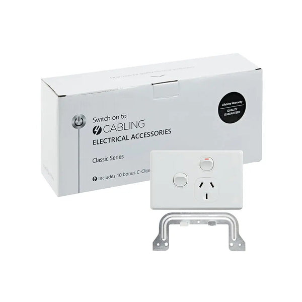 4C | Classic Single Power Point 250V 10A with 16AX Extra Switch  - Horizontal - 10 Pack with 10 FREE C-Clips Deals499