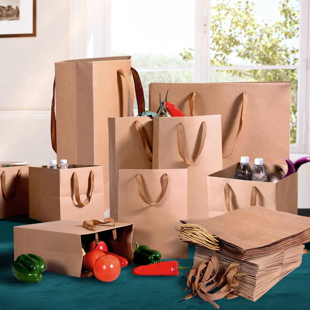 50x Brown Paper Bag Kraft Eco Recyclable Gift Carry Shopping Retail Bags Handles Deals499