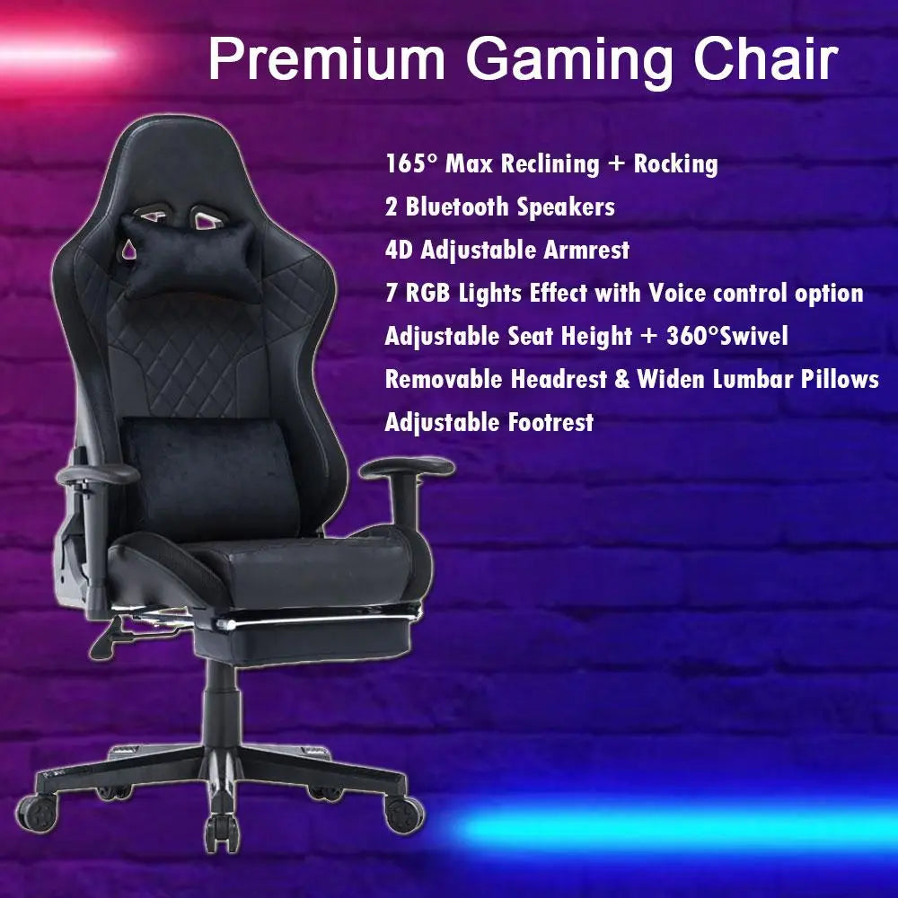 7 RGB Lights Bluetooth Speaker Gaming Chair Ergonomic Racing chair 165° Reclining Gaming Seat 4D Armrest Footrest Black Deals499