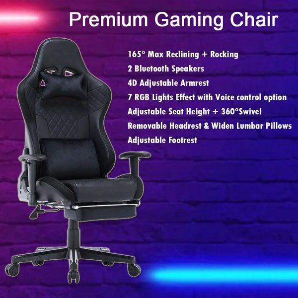 7 RGB Lights Bluetooth Speaker Gaming Chair Ergonomic Racing chair 165° Reclining Gaming Seat 4D Armrest Footrest Black Deals499