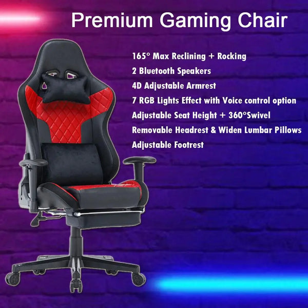 7 RGB Lights Bluetooth Speaker Gaming Chair Ergonomic Racing chair 165° Reclining Gaming Seat 4D Armrest Footrest Black Deals499