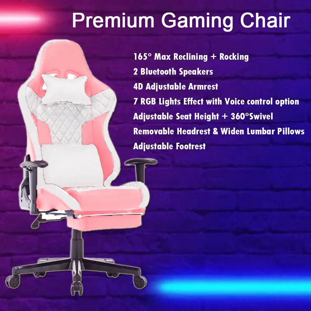 7 RGB Lights Bluetooth Speaker Gaming Chair Ergonomic Racing chair 165° Reclining Gaming Seat 4D Armrest Footrest Pink White Deals499