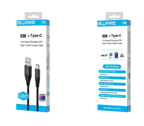 8WARE Premium 1m Samsung Certified Fast Speed Charging USB Type C Data Charger Cable For Samsung Huawei Google LG Retail 8WARE