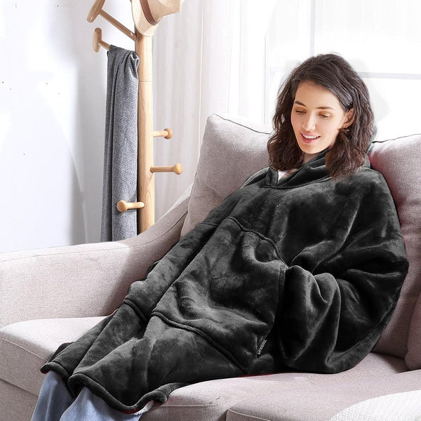 2 Pcs DreamZ Plush Fleece Sherpa Hoodie Sweatshirt Huggle Blanket Pajamas Grey DreamZ