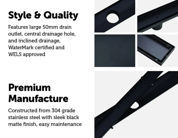 900mm Tile Insert Bathroom Shower Black Grate Drain w/Centre outlet Floor Waste Deals499
