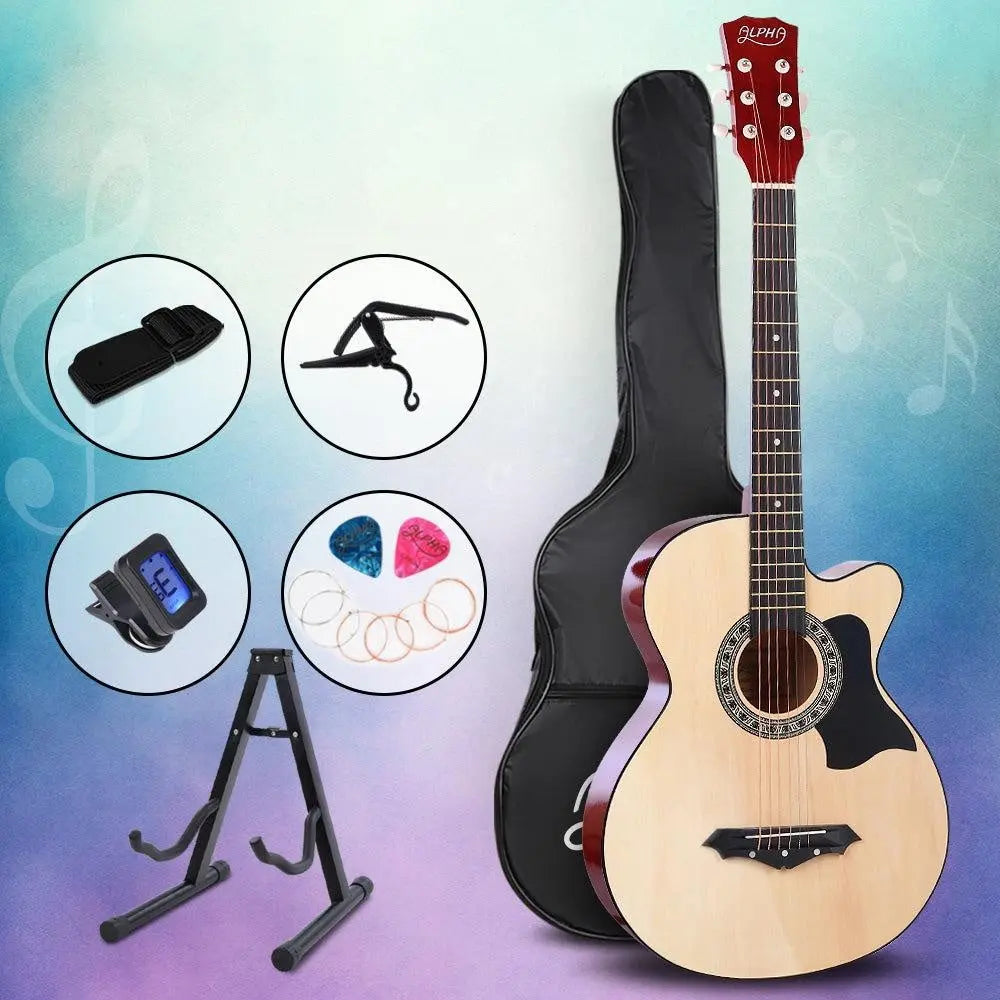 ALPHA 38 Inch Wooden Acoustic Guitar with Accessories set Natural Wood Deals499