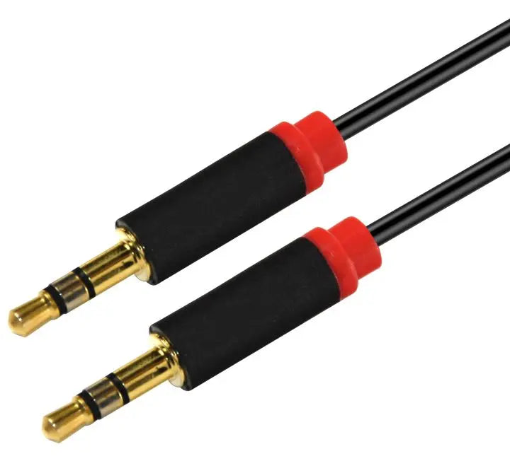 ASTROTEK 2m Stereo 3.5mm Flat Cable Male to Male Black with Red Mold - Audio Input Extension Auxiliary Car Cord ASTROTEK