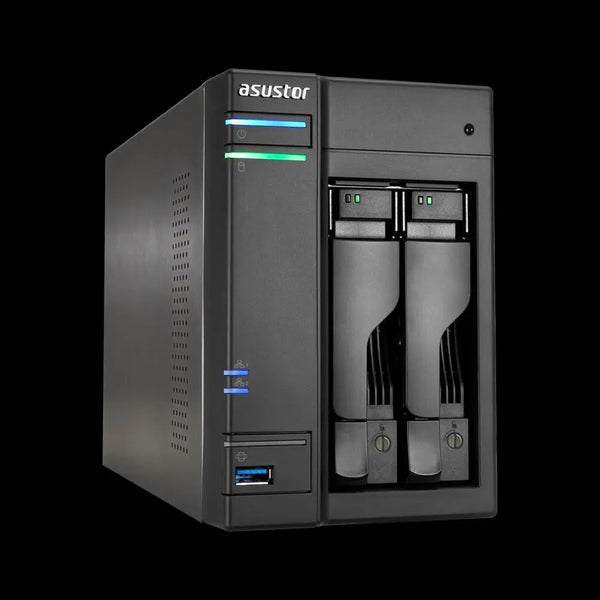 ASUSTOR AS6202T 2 Bay NAS Intel Celeron Quad Core 1.6GHz 4GB DDR3L 512MB DOM 2xGbE HDMI 3xUSB3 2xeSATA S/PDIF WoL Windows Mac Linux 24/7 Mobile App ASUSTOR