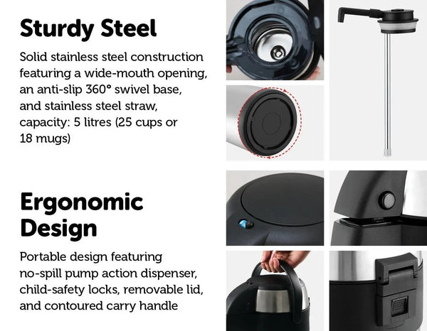 Air Pot for Tea Coffee 5L Pump Action Insulated Airpot Flask Drink Dispenser Deals499