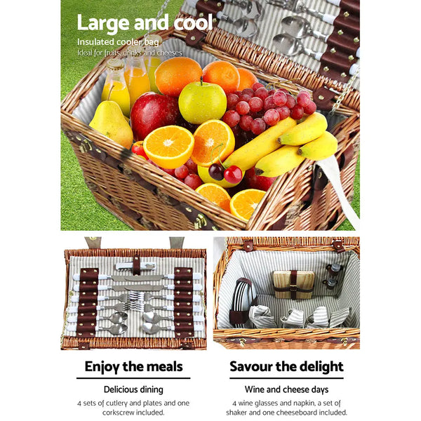 Alfresco 4 Person Picnic Basket Baskets Wicker Deluxe Outdoor Insulated Blanket Deals499