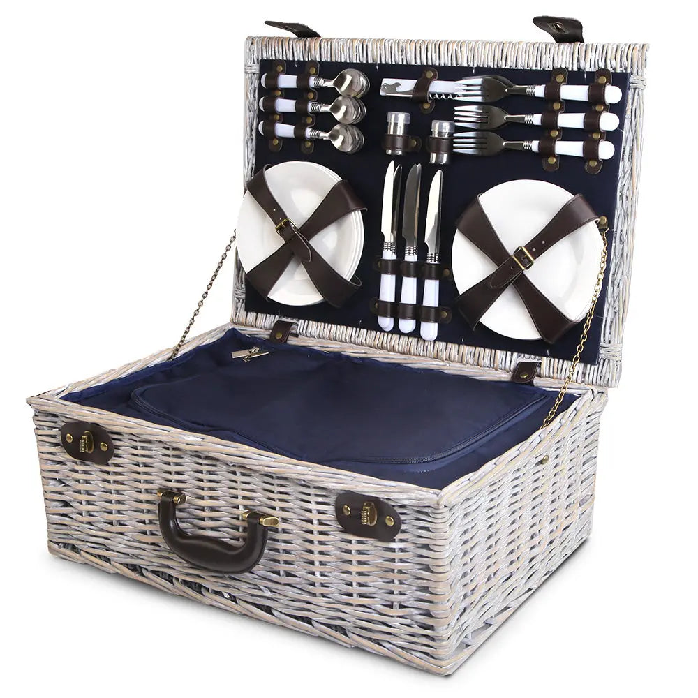 Alfresco 6 Person Picnic Basket Set Cooler Bag Wicker PU Fastening Straps Plates Deals499