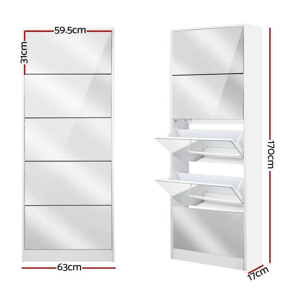 Artiss 5 Drawer Mirrored Wooden Shoe Cabinet - White Deals499