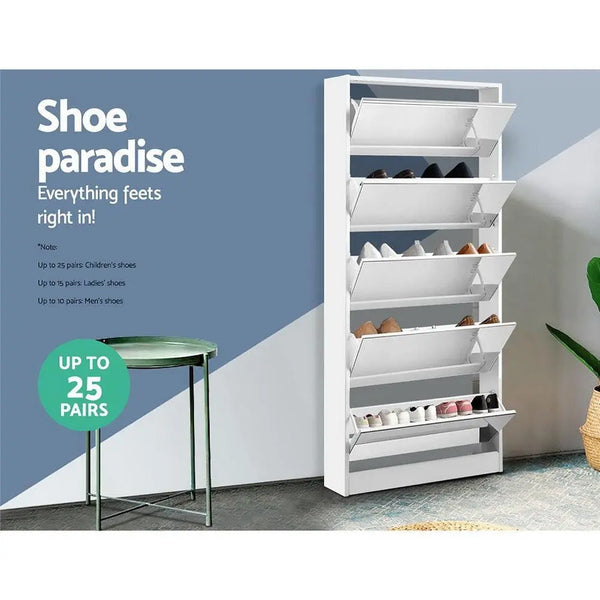 Artiss 5 Drawer Mirrored Wooden Shoe Cabinet - White Deals499