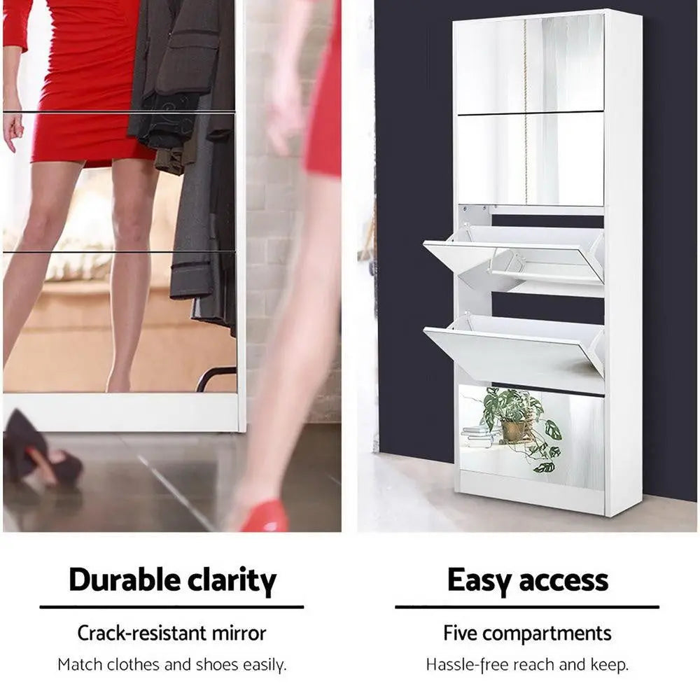 Artiss 5 Drawer Mirrored Wooden Shoe Cabinet - White Deals499