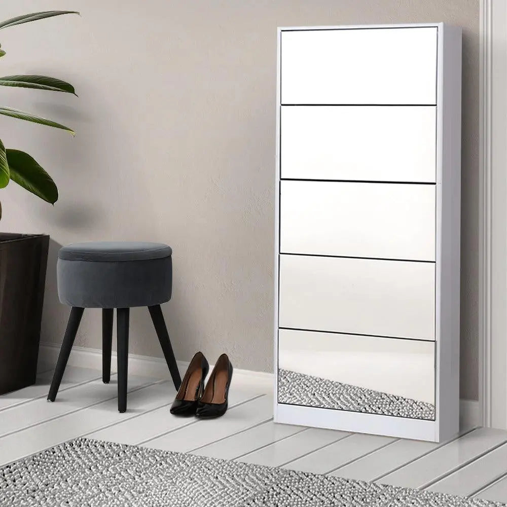 Artiss 5 Drawer Mirrored Wooden Shoe Cabinet - White Deals499