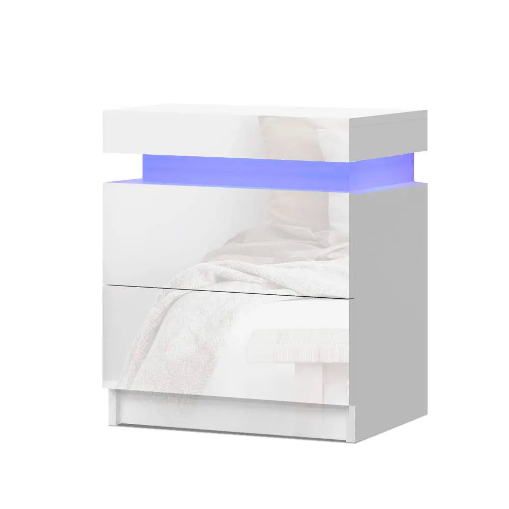Artiss Bedside Tables Side Table Drawers RGB LED High Gloss Nightstand White Deals499