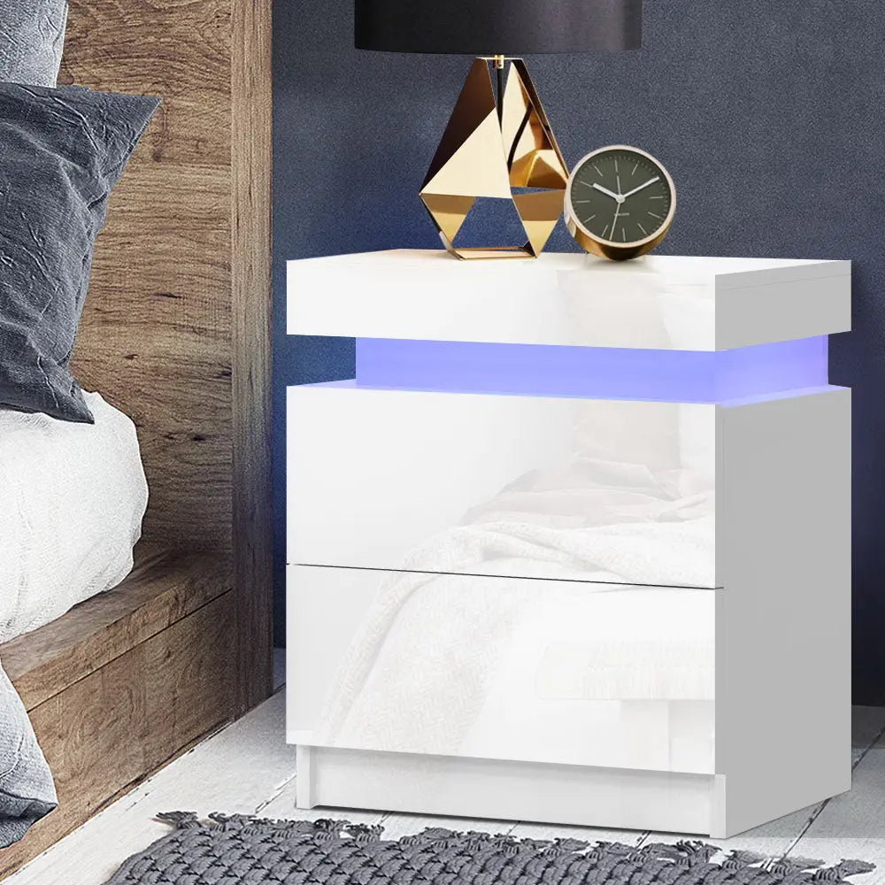 Artiss Bedside Tables Side Table Drawers RGB LED High Gloss Nightstand White Deals499