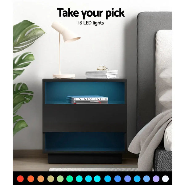 Artiss Bedside Tables Side Table RGB LED Drawers Nightstand High Gloss Black Deals499
