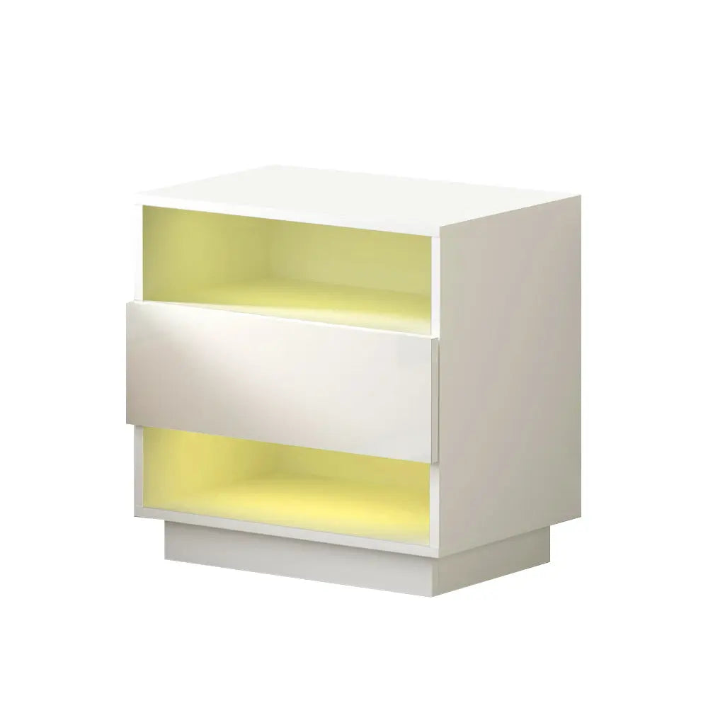 Artiss Bedside Tables Side Table RGB LED Drawers Nightstand High Gloss White Deals499
