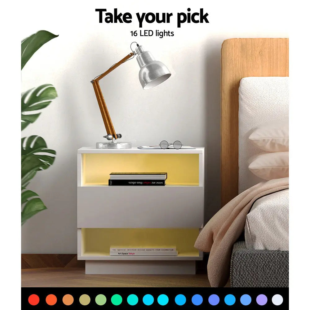 Artiss Bedside Tables Side Table RGB LED Drawers Nightstand High Gloss White Deals499