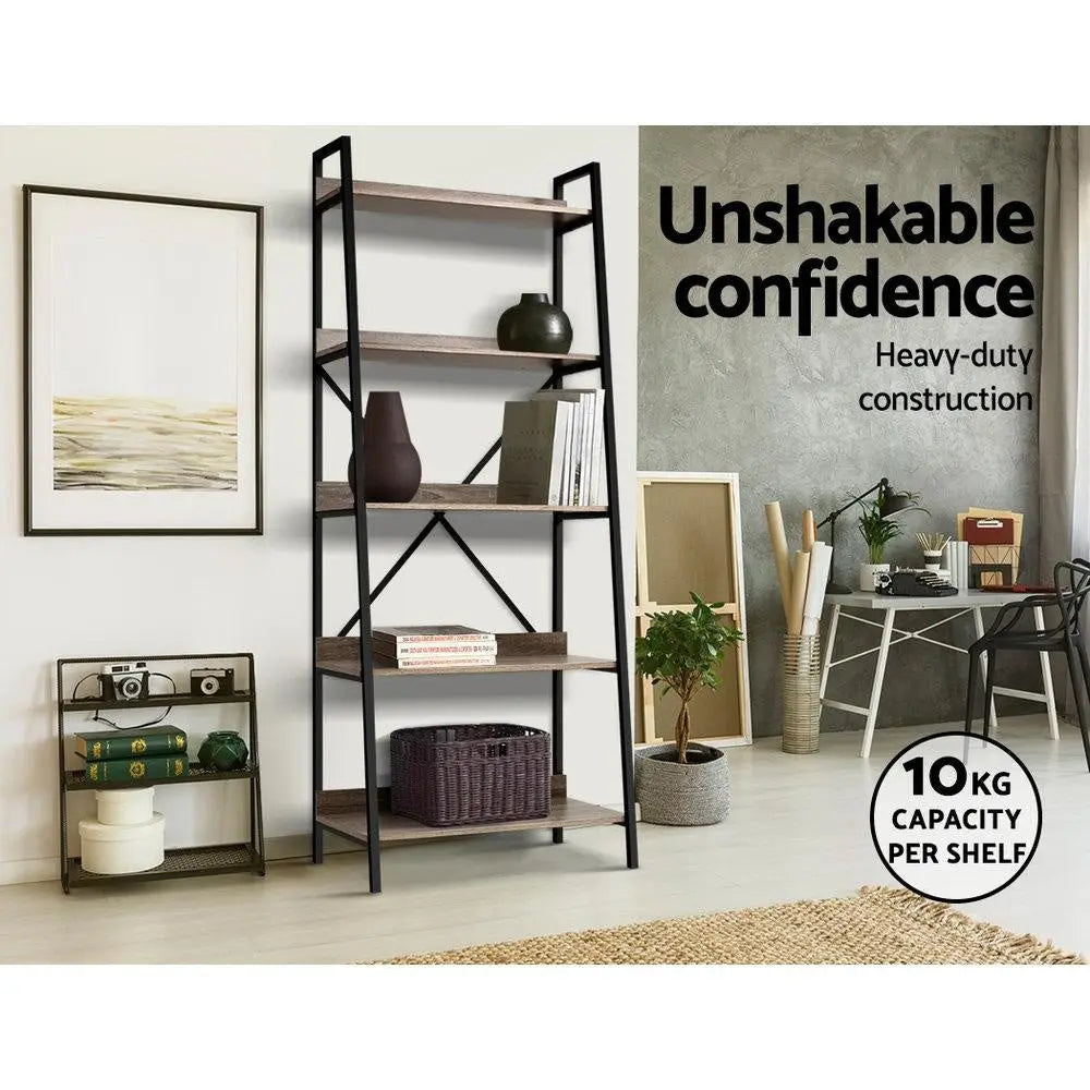Artiss Bookshelf 5Tier Metal Bookcase Bookshelves Oak Book Shelf Display Storage Deals499