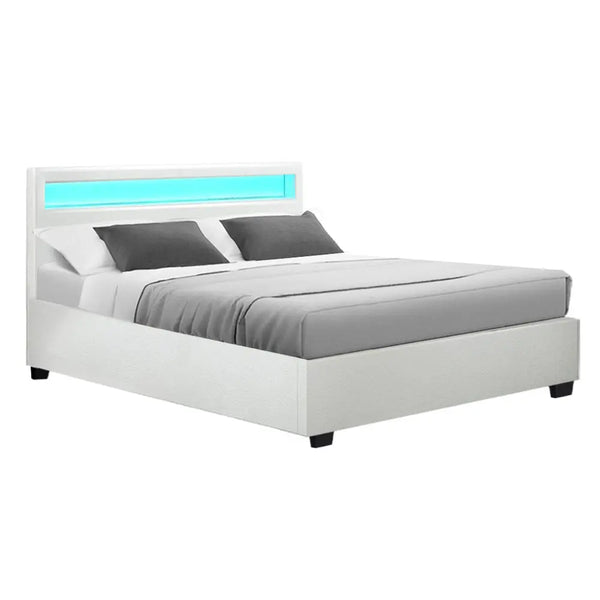 Artiss Cole LED Bed Frame PU Leather Gas Lift Storage - White Double Deals499
