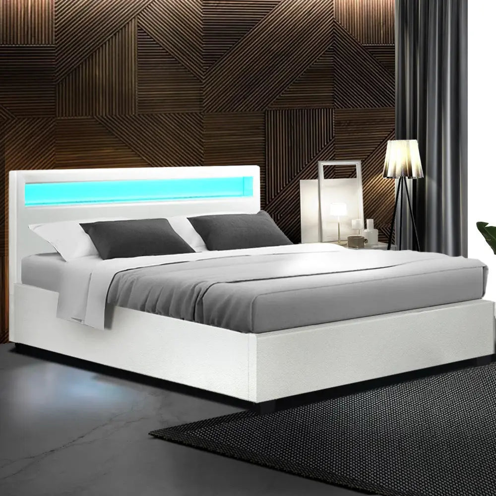 Artiss Cole LED Bed Frame PU Leather Gas Lift Storage - White Queen Deals499