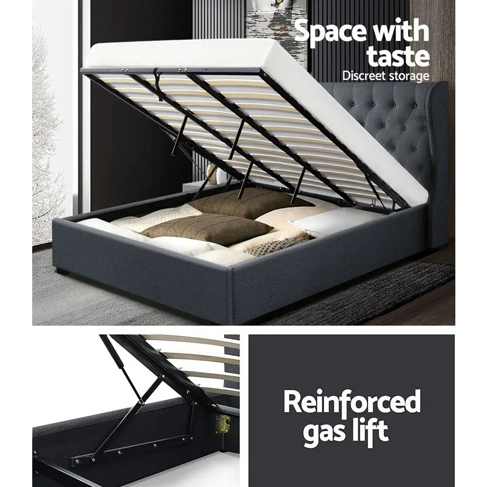 Artiss Issa Bed Frame Fabric Gas Lift Storage - Charcoal King Deals499