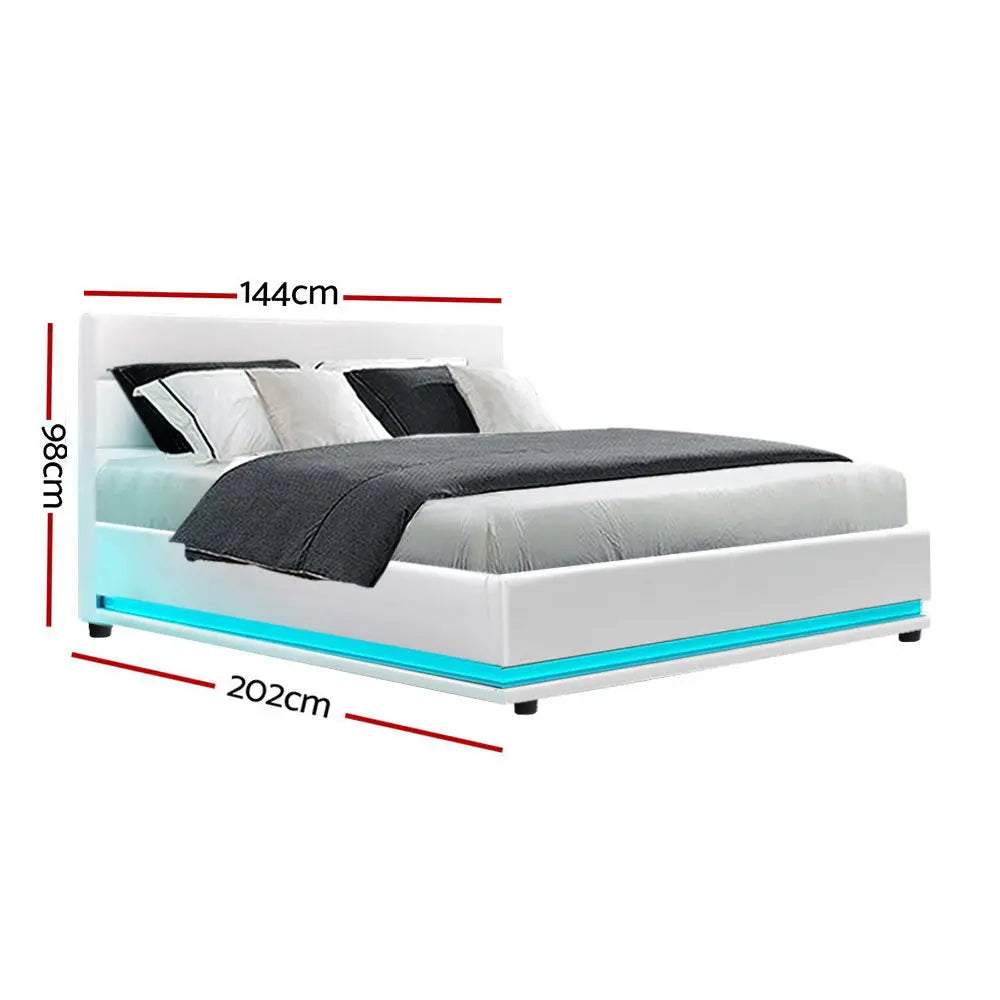 Artiss Lumi LED Bed Frame PU Leather Gas Lift Storage - White Double Deals499