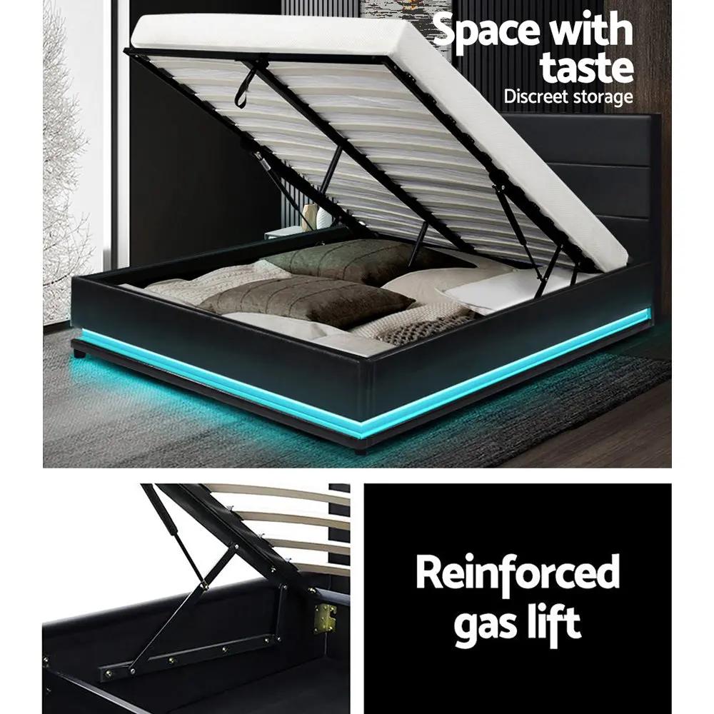 Artiss Lumi LED Bed Frame PU Leather Gas Lift Storage - Black Double Deals499